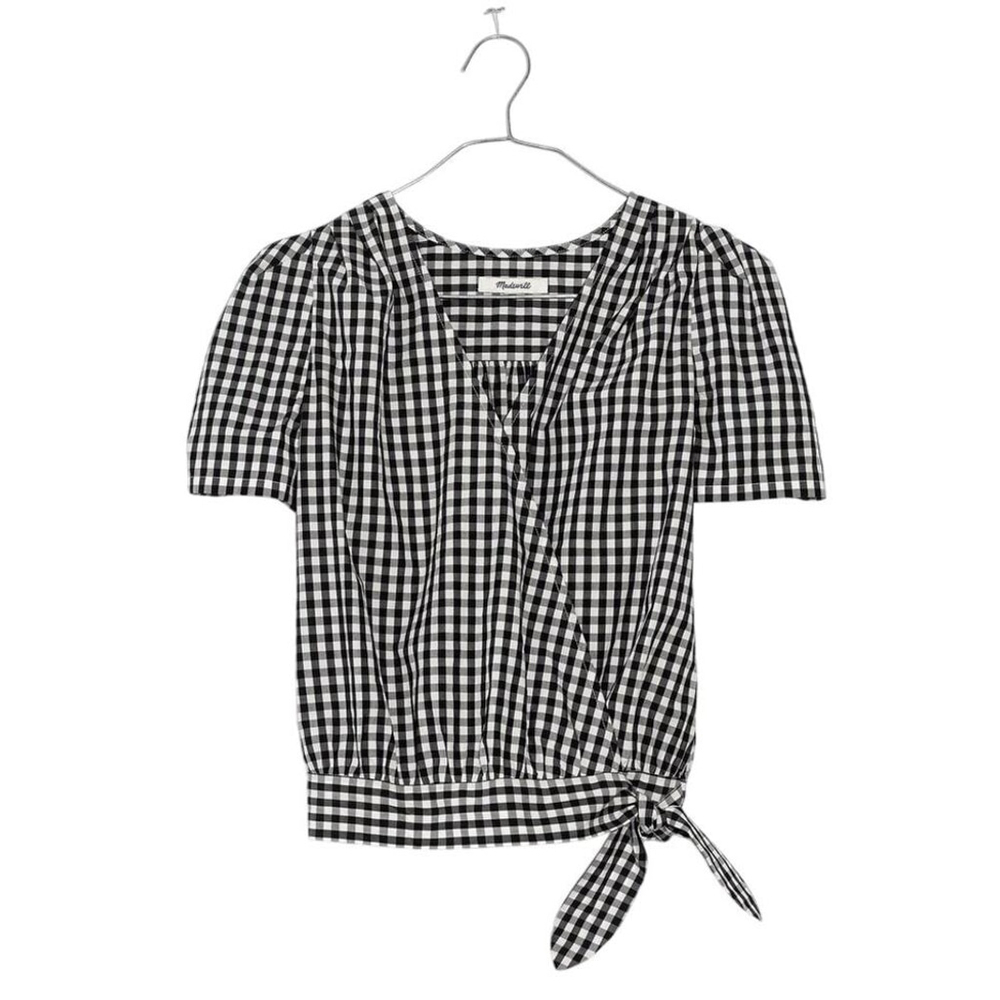Madewell Gingham Wrap Top | Black White Check Side-Tie Shirt – XXS